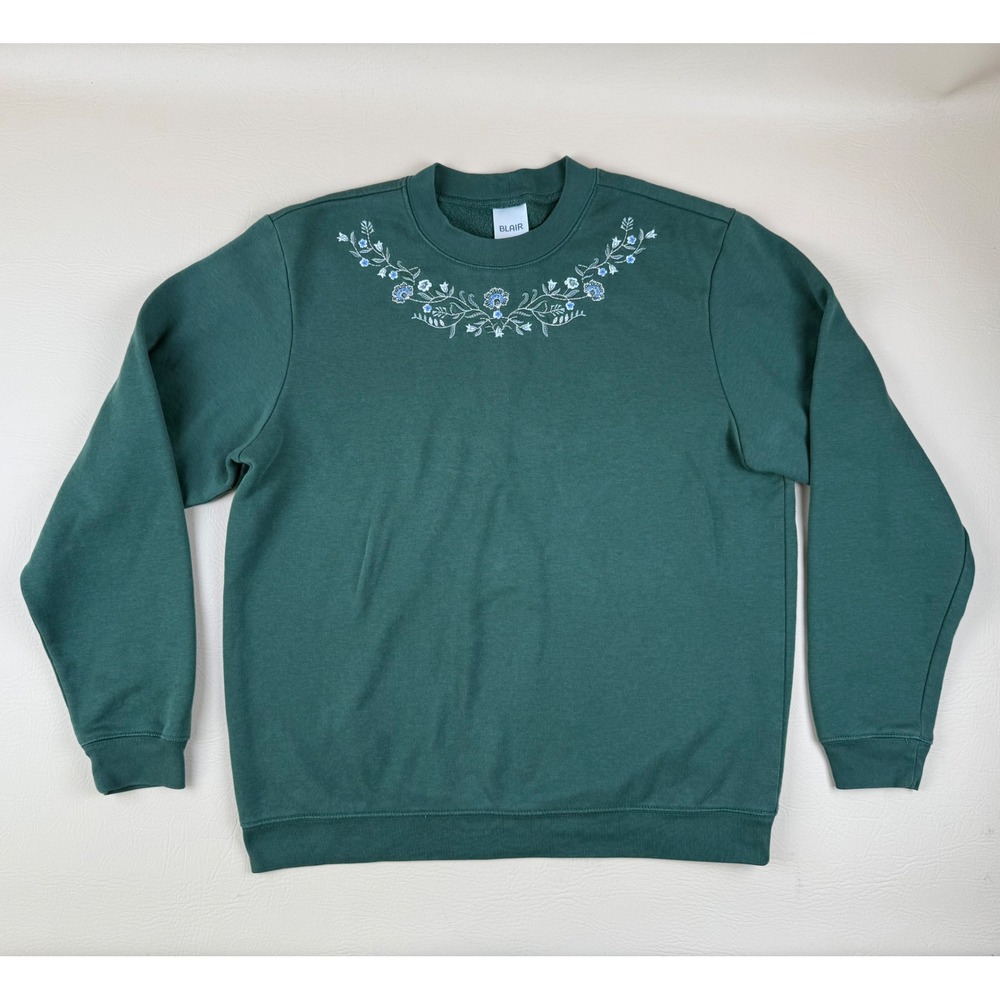Cottagecore Floral Embroidered Sweatshirt Cotton Blend Green Medium Blair